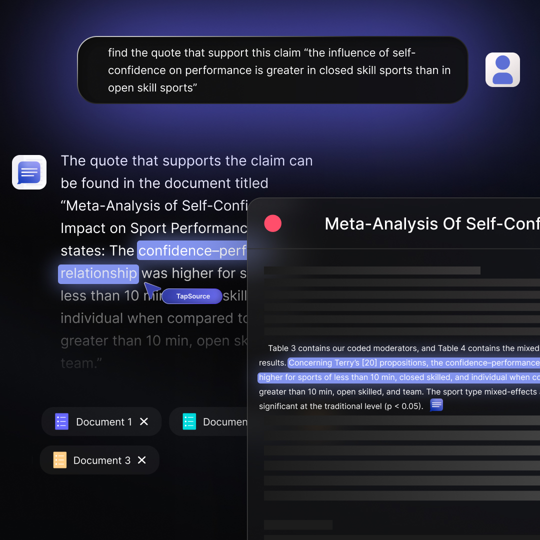 Sick of flipping through 80-page research papers for that one citation? Toss all your papers in ChatDOC and ask for quote.
Seat back and watch it snag the exact line, no paraphrasing or guessing. Not Sure? You can highlight the text to view it's source for fact-checking! Try for
