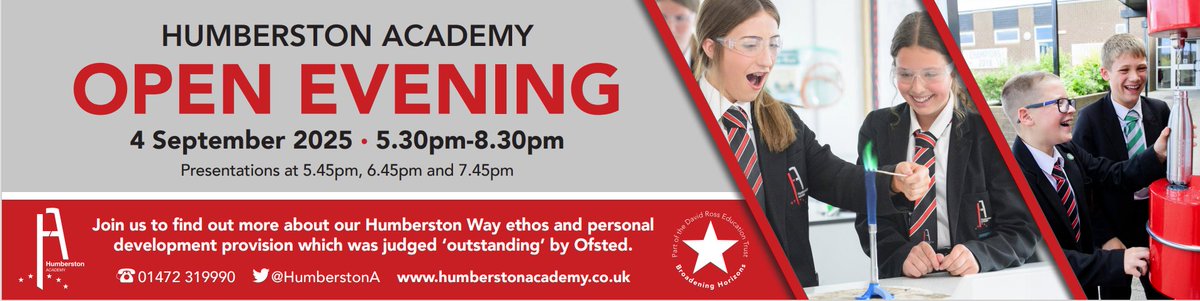Save the date: Humberston Academy Open Evening - Thursday 4th September 2025. 5:30pm - 8:30pm.
