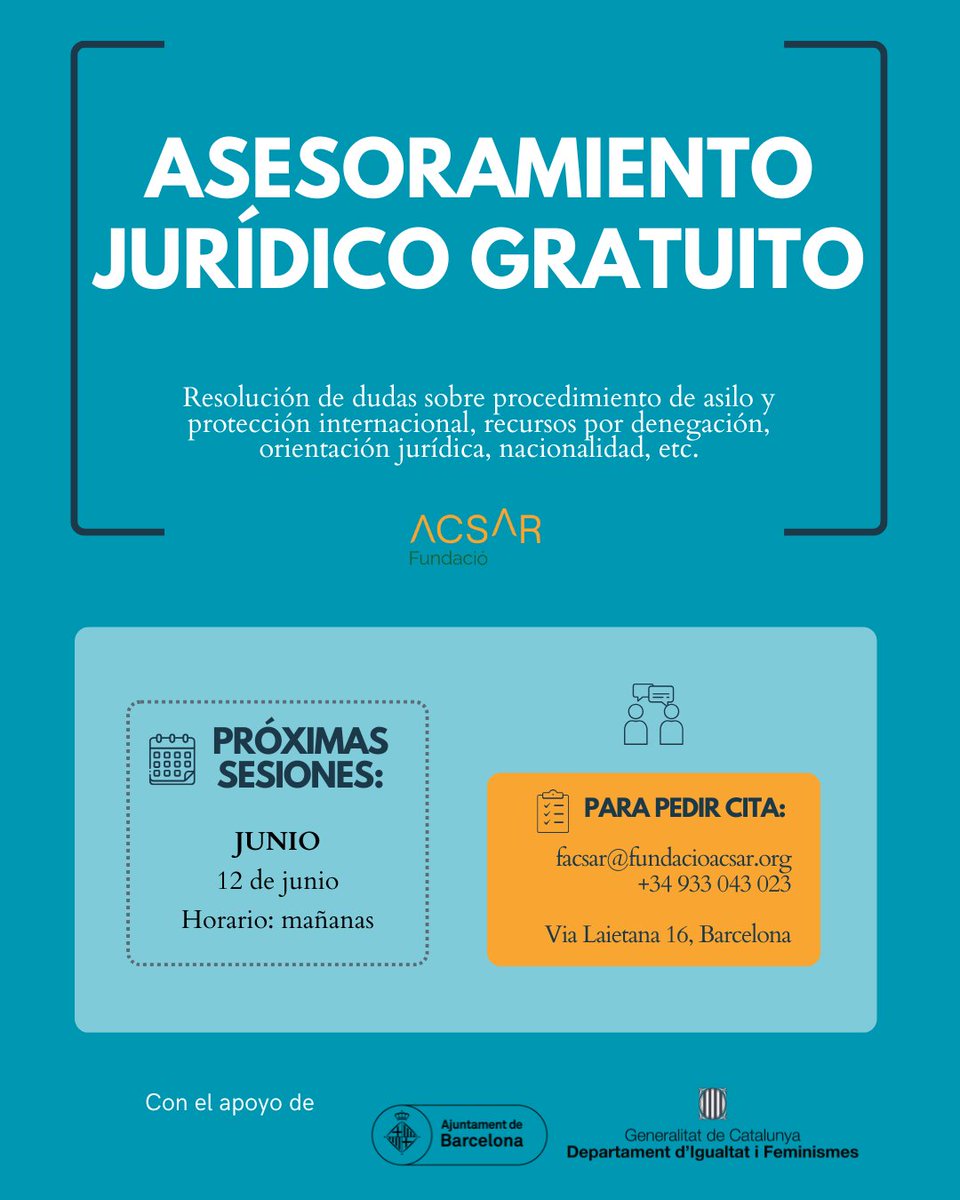 📢PROPERES SESSIONS📢
El 12 de juny s'impartirà una nova sessió per a resoldre dubtes en relació amb els procediments d'asil, refugi, nacionalització, etc

☎️Truca o escriu-nos per demanar cita. 
🔗Més informació: fundacioacsar.org/acompanyament/

<a href="/barcelona_cat/">Barcelona</a> <a href="/igualtatcat/">Igualtat i Feminisme</a>