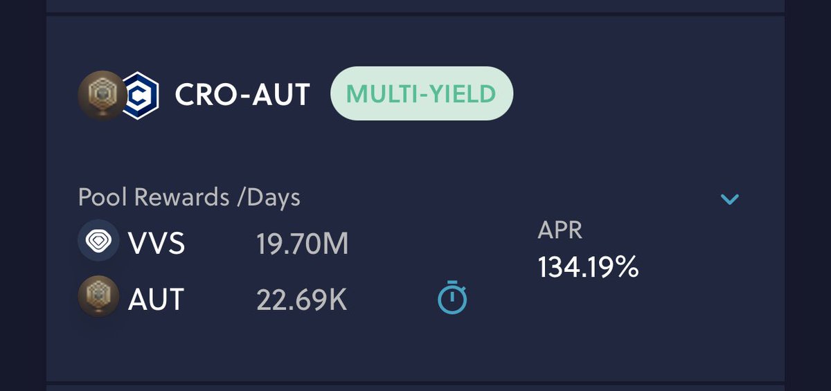 AurumTrust (@aurumtrustcro) on Twitter photo The farm on <a href="/VVS_finance/">VVS-Finance</a> is now live with more than 100% APR !!! 🚀🚀🚀🚀
The pair CRO-AUT will be rewarding liquidity providers for the next 120 days with both $VVS and $AUT tokens as a reward.
Have you staked on the farm yet ?
#CroFam #CronosChain The farm on <a href="/VVS_finance/">VVS-Finance</a> is now live with more than 100% APR !!! 🚀🚀🚀🚀
The pair CRO-AUT will be rewarding liquidity providers for the next 120 days with both $VVS and $AUT tokens as a reward.
Have you staked on the farm yet ?
#CroFam #CronosChain
