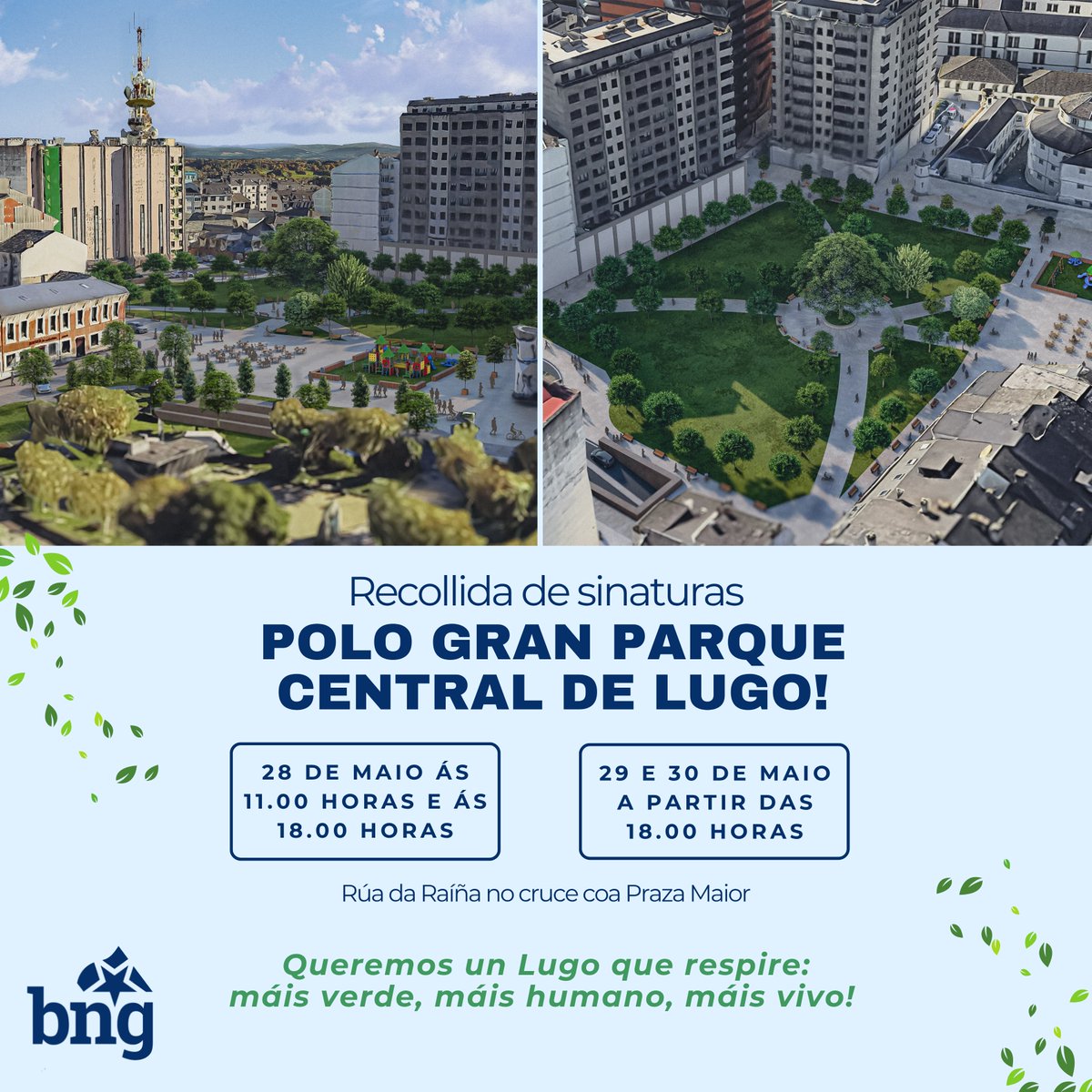 🔮 O futuro da nosa cidade tamén se decide agora!

💚 Desde o BNG propoñemos que a Xunta de Galiza cree un GRAN PARQUE CENTRAL, unha zona verde no corazón de Lugo

✍️ Achégate a asinar! Fagámolo realidade entre todas e todos!

🌱 Queremos un Lugo que respire...