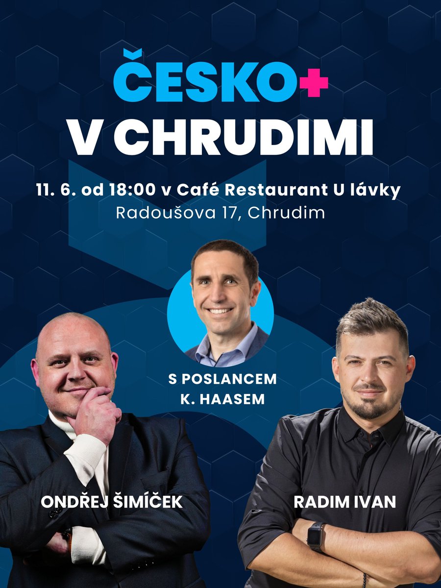 ČESKO.plus (@ceskoplus) on Twitter photo Srdečně Vás zveme na neformální setkání pořádané iniciativou CESKO.plus, které proběhne ve středu 11. 6. od 18:00 v Café Restaurant U lávky (Radoušova 17, Chrudim). Těšit se můžete na příjemnou besedu s členy <a href="/radim_politik/">Radim Ivan 🇨🇿➕</a> a <a href="/Sima_Ondra/">Ondřej Šimíček 🇨🇿➕ 🇮🇱🇺🇦</a>, lokálními politiky včetně Srdečně Vás zveme na neformální setkání pořádané iniciativou CESKO.plus, které proběhne ve středu 11. 6. od 18:00 v Café Restaurant U lávky (Radoušova 17, Chrudim). Těšit se můžete na příjemnou besedu s členy <a href="/radim_politik/">Radim Ivan 🇨🇿➕</a> a <a href="/Sima_Ondra/">Ondřej Šimíček 🇨🇿➕ 🇮🇱🇺🇦</a>, lokálními politiky včetně