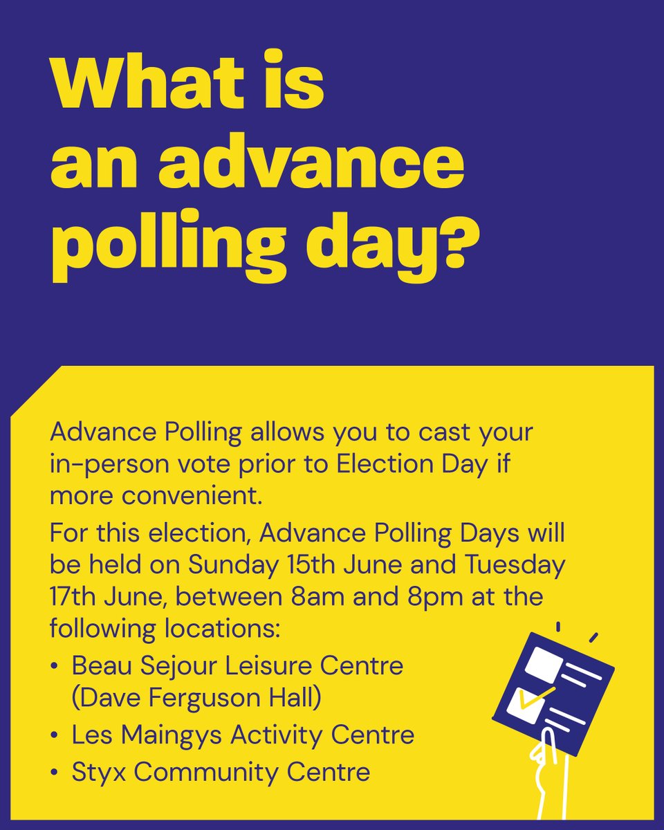 Polling Day is 18th June, and all votes must be cast by 8pm on this day.

Ahead of this, 3 of the polling stations will be open for advance polling on 15th and 17th June, to offer flexibility and choice on when and where you cast your vote.

#Election2025