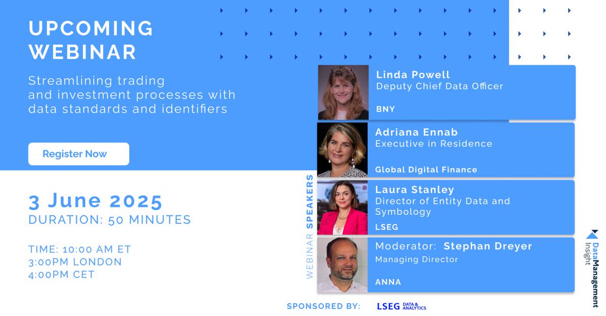 Association of National Numbering Agencies (ANNA) (@anna_isin) on Twitter photo 💻 Our MD <a href="/StephanDreyer5/">Stephan Dreyer</a> will be moderating the <a href="/ATeamInsight/">A-Team Insight</a> webinar on 3rd June about “Streamlining trading and investment processes with data standards and identifiers”, with <a href="/GlobalDigitalFi/">Global Digital Finance</a> <a href="/LSEGplc/">LSEG</a> & <a href="/BNYglobal/">BNY</a>
Register here → a-teaminsight.com/webinars/strea… 💻 Our MD <a href="/StephanDreyer5/">Stephan Dreyer</a> will be moderating the <a href="/ATeamInsight/">A-Team Insight</a> webinar on 3rd June about “Streamlining trading and investment processes with data standards and identifiers”, with <a href="/GlobalDigitalFi/">Global Digital Finance</a> <a href="/LSEGplc/">LSEG</a> & <a href="/BNYglobal/">BNY</a>
Register here → a-teaminsight.com/webinars/strea…