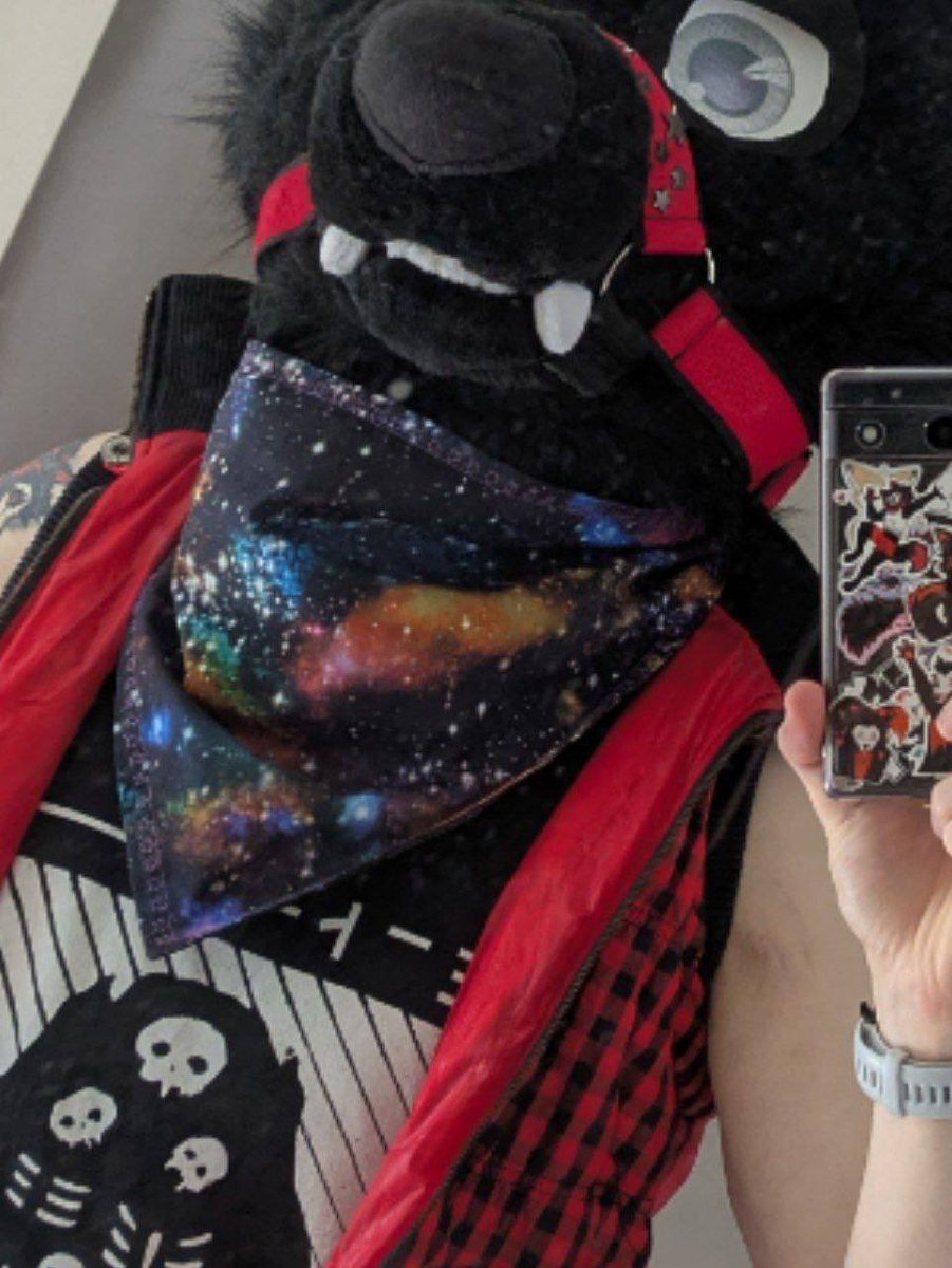 Zev lost this bandana and got some art in it. Small fursuit lounge.  Anyone see it let me know. Thank you. #confuzzled2025 #cfz2025
