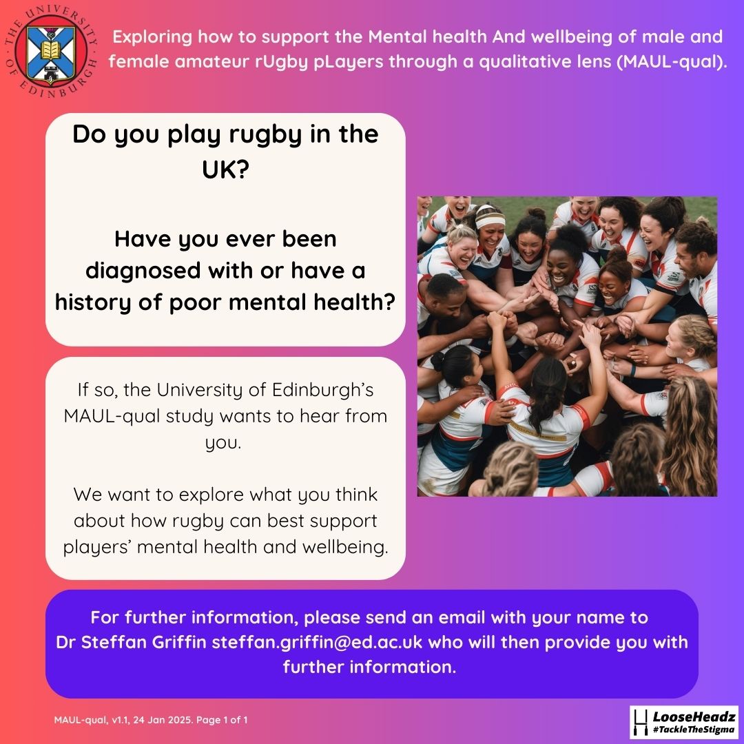 Steffan Griffin (@steffangriffin) on Twitter photo Call for research participants!
If you fit the bill, and want to shape how rugby can best support players’ mental health and wellbeing, please send me an email with your name (steffan.griffin@ed.ac.uk) and I will then provide you with further information 📷📷 Call for research participants!
If you fit the bill, and want to shape how rugby can best support players’ mental health and wellbeing, please send me an email with your name (steffan.griffin@ed.ac.uk) and I will then provide you with further information 📷📷