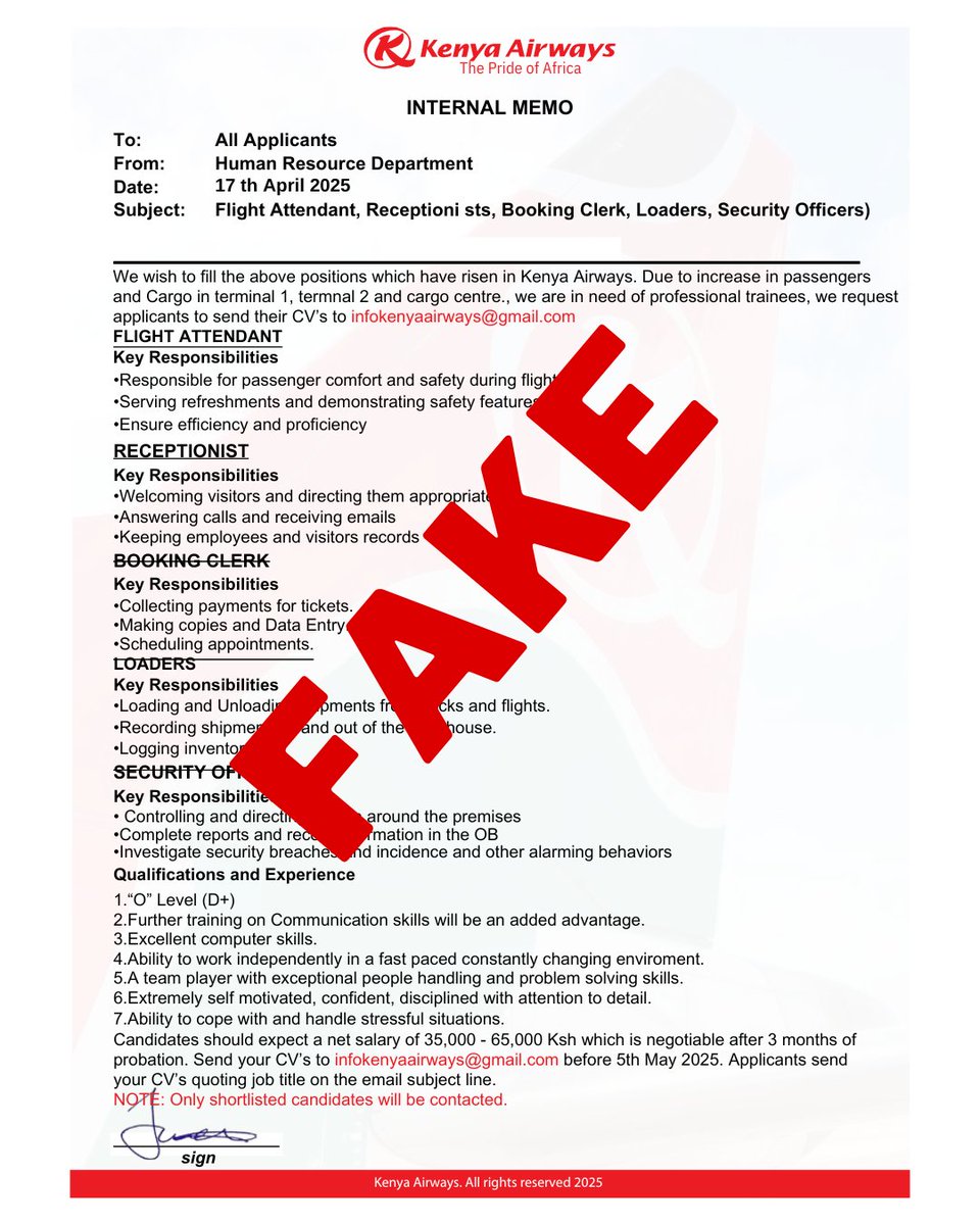 Please be aware that the message circulating on social media regarding job openings at Kenya Airways is FAKE and did not come from us.  For accurate and hiring information, always refer to our official website and channels.
