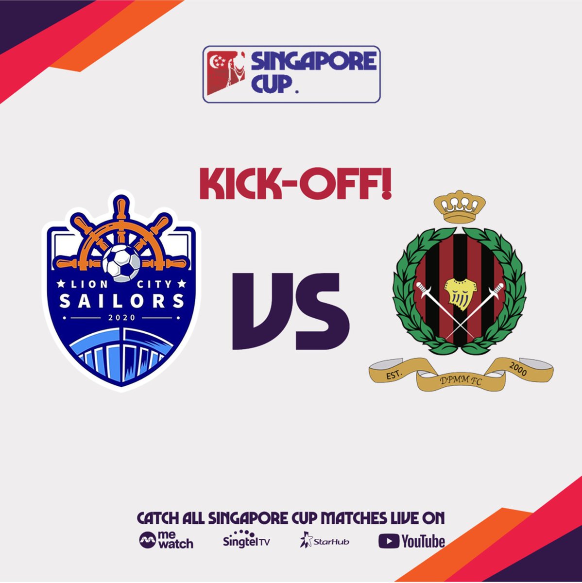 KICK-OFF! Sailors vs DPMM #SGCup #LCSDPM LIVE ➡️ YouTube  (https://t.co/Xou8JprYl3), meWATCH (https://t.co/fHQKsnZ0om), Singtel Ch 112