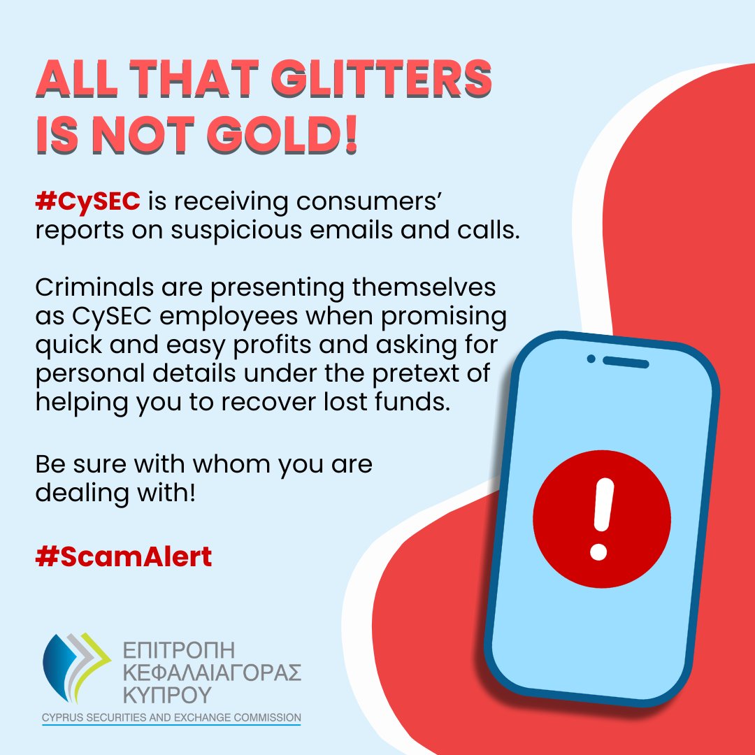CySEC - Cyprus Securities and Exchange Commission (@cysec_official) on Twitter photo 🙋♀️ How to protect yourself: cysec.gov.cy/el-GR/investor… and
cysec.gov.cy/en-GB/investor…
#ScamAlert
<a href="/ESMAComms/">ESMA - EU Securities Markets Regulator 🇪🇺</a> 🙋♀️ How to protect yourself: cysec.gov.cy/el-GR/investor… and
cysec.gov.cy/en-GB/investor…
#ScamAlert
<a href="/ESMAComms/">ESMA - EU Securities Markets Regulator 🇪🇺</a>