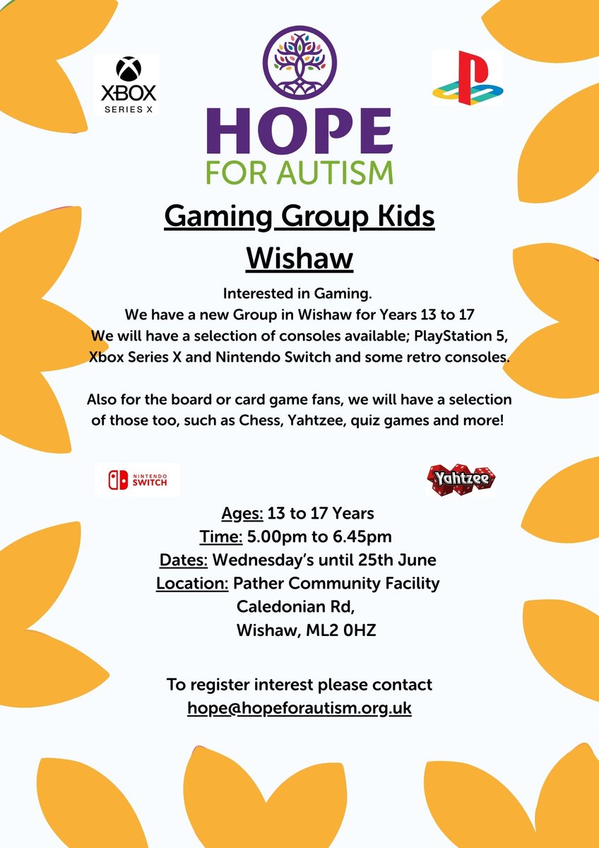 HOPE for Autism (@hopeforautismnl) on Twitter photo Live in Wishaw area, interested in Gaming
Aged 13 to 17 Years
Come along to Pather Community Centre in Wishaw.
We will have a selection of consoles available; PlayStation 5, Xbox Series X and Nintendo Switch and some retro consoles.
Contact
hope@hopeforautism.org.uk Live in Wishaw area, interested in Gaming
Aged 13 to 17 Years
Come along to Pather Community Centre in Wishaw.
We will have a selection of consoles available; PlayStation 5, Xbox Series X and Nintendo Switch and some retro consoles.
Contact
hope@hopeforautism.org.uk