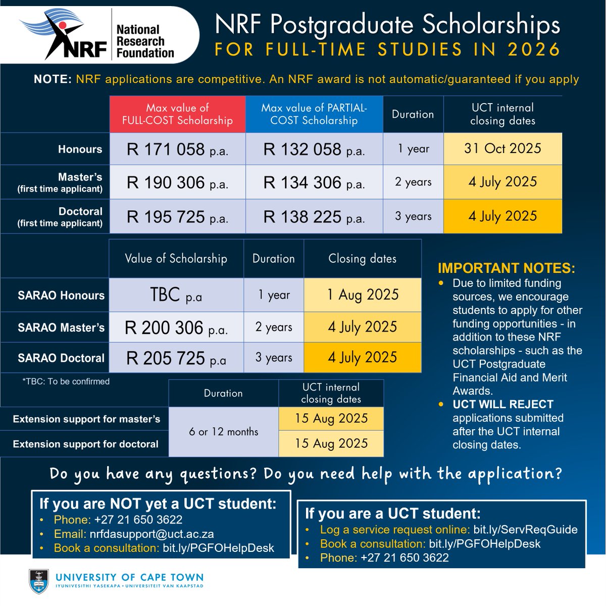 UCTpostgrads's tweet image. Do you need funding to start your postgrad studies @UCT_news next year? The @dstigovza &amp;amp; @NRF_News are pleased to announce a call for new applications for DSTI-NRF Master’s and Doctoral Student Funding for the 2026 academic year. More info: bit.ly/NRF2026