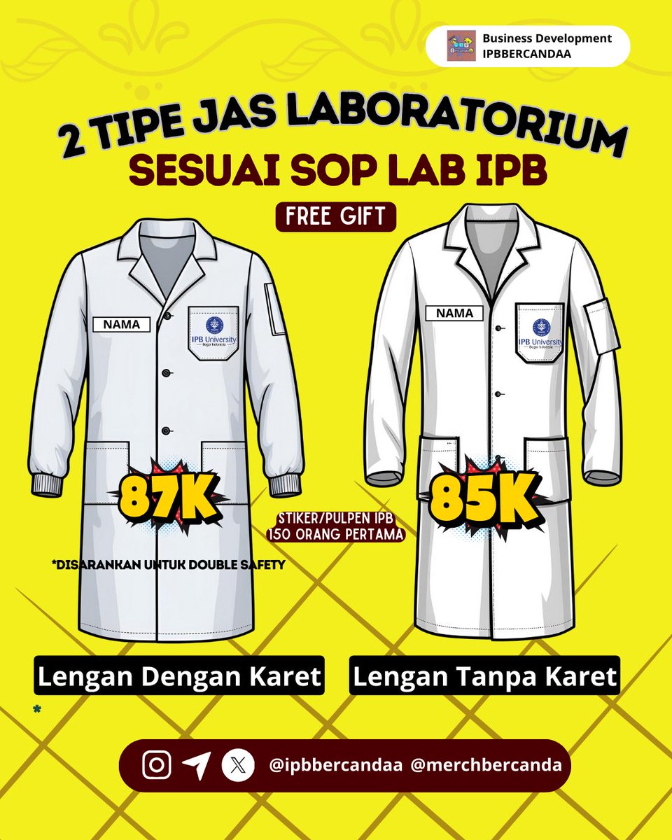 IPBbercanda's tweet photo. [OPEN PO JASLAB BATCH 2 @IPBbercanda]

⚠️CATAT HAL PENTING INI⚠️
PRE-ORDER : Mulai 20 Mei s/d 7 Juni 2025
Harga : 85 RIBU (++5 Ribu u/ uk. > XL berlaku kelipatan setiap ukuran yaa!)
✨FREE GIFT PULPEN, STICKER IPB, DLL✨
Pembayaran : QRIS a.n BERCANDA JAYA GEMILANG

REGISTRASI SEKARANG!
🌟 https://t.co/RSHEqkVsdM
🌟 https://t.co/RSHEqkVsdM
🌟 https://t.co/RSHEqkVsdM

Tancap gas order sebelum ketinggalan!
Cek lebih lanjut di akun @ipbbercanda atau @merchbercanda yaa!

Salam digdaya!

𝘕𝘢𝘳𝘢𝘩𝘶𝘣𝘶𝘯𝘨
📞𝘊𝘰𝘯𝘵𝘢𝘤𝘵 𝘩𝘦𝘳𝘦 : 𝘪𝘱𝘣.𝘭𝘪𝘯𝘬/𝘱𝘢𝘳𝘵𝘯𝘦𝘳𝘴-𝘣𝘦𝘳𝘤𝘢𝘯𝘥𝘢
📞 𝘋𝘔 𝘐𝘎 & 𝘛𝘞𝘛 @𝘪𝘱𝘣𝘣𝘦𝘳𝘤𝘢𝘯𝘥𝘢𝘢
📞𝘛𝘦𝘭𝘦𝘨𝘳𝘢𝘮 : 𝘵.𝘮𝘦/𝘪𝘱𝘣𝘣𝘦𝘳𝘤𝘢𝘯𝘥𝘢

#IPBUNIVERSITY
#IPBDIGDAYA
#MAHASISWABARU62
#IPBBERCANDAA
#MERCHBERCANDA
@ipbbercandaa @merchbercanda