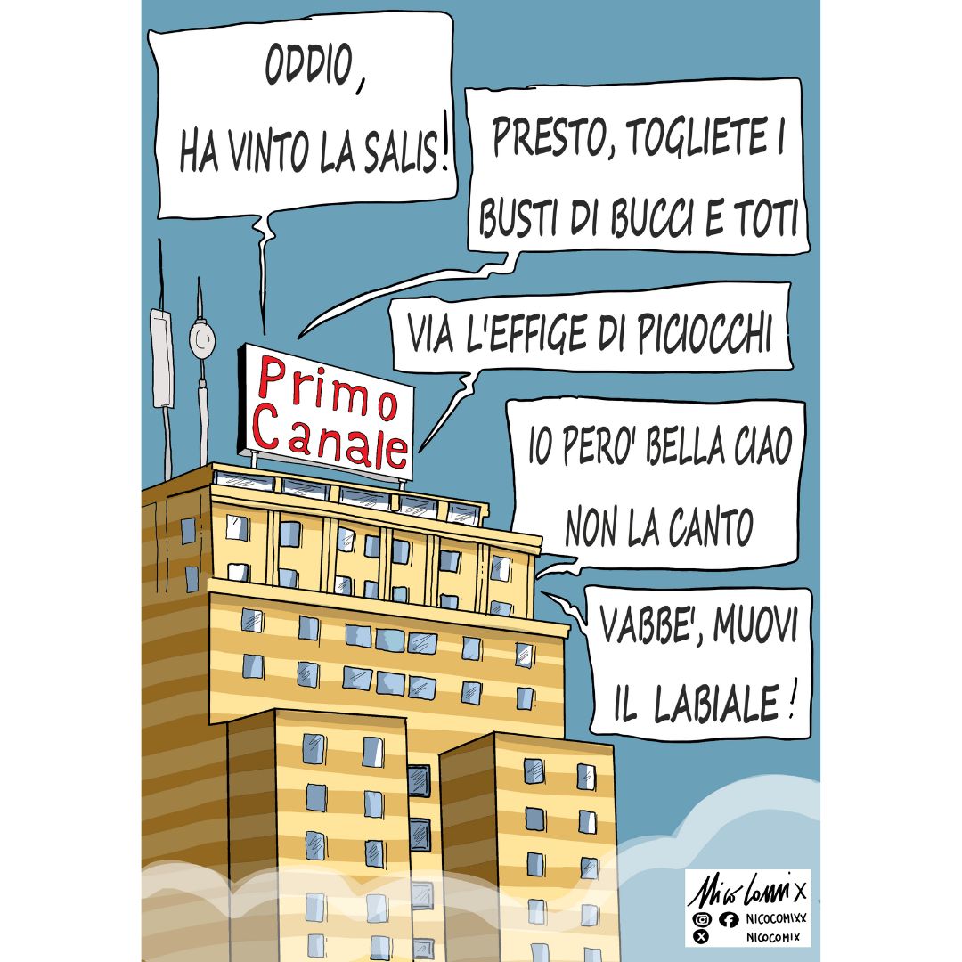 nicocomix's tweet photo. Intanto a Genova, nella sede di Primocanale (soprannominata tele Toti) c'è molto fermento dopo la vittoria di Silvia Salis.
#Nicocomix #primocanale #salis #SilviaSalis #silviasalissindaca #genova #sindaca #sindaco #elezionicomunali #piciocchi #bucci #comunali #campolargo #PD https://t.co/KVBBibOCpb