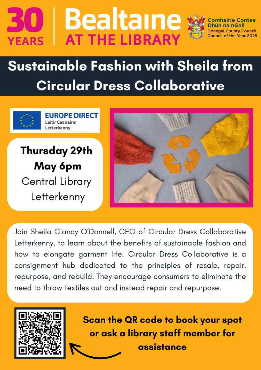 ♻️ Discover the Power of Sustainable Fashion 👗

As part of #BealtaineAtTheLibrary, join Sheila Clancy O’Donnell, CEO of Circular Dress Collaborative, for an inspiring talk on how to extend the life of your clothes and reduce textile waste.

📅 Thursday, 29th May
🕕 6:00 PM
📍