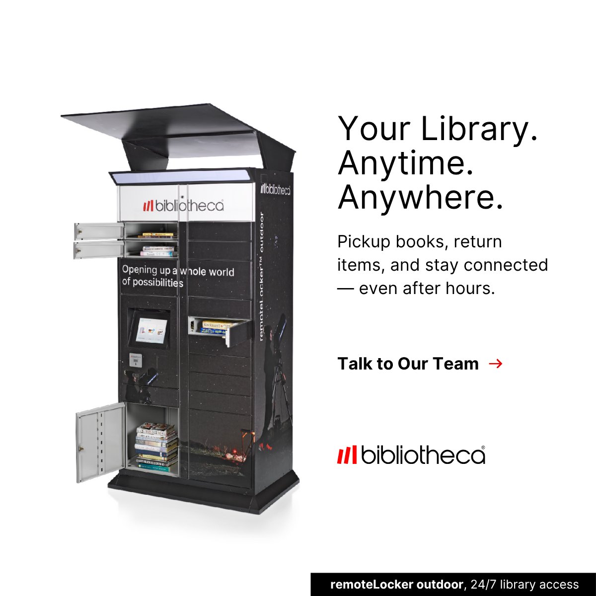 BibliothecaX's tweet image. Your Library, Always Within Reach

📚 The remoteLocker outdoor provides 24/7 self-service access to holds, returns, and other library materials—extending service to wherever patrons need it most.

Discover how it works: hubs.la/Q03pby9X0
#PickUpLockers #LibraryAccess