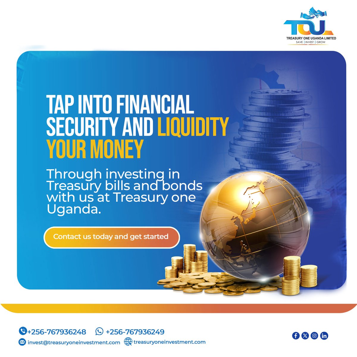 Secure your financial future and ensure liquidity for your money! Invest in Treasury bills and bonds with Treasury One Uganda. Tap into smart investments today. #FinancialSecurity #TreasuryBills #UgandaInvestments #TreasuryOneUganda