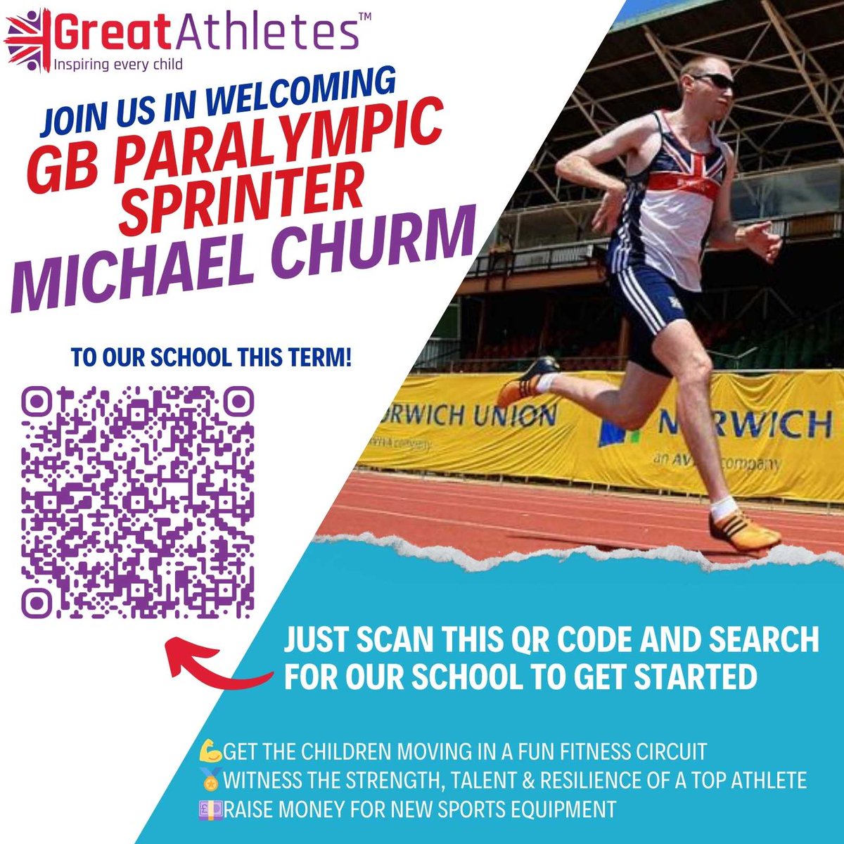 Cheadle Hulme PS (@cheadlehulmepri) on Twitter photo 🇬🇧 | Great Athletes
Last week, we announced that Paralympian Michael Churm will be visiting us on Monday 16th June!
Don’t forget to sponsor your child for their fitness circuit - follow the QR code or the link below and search for our school:
sportal.greatathletes.org/events/landing 🇬🇧 | Great Athletes
Last week, we announced that Paralympian Michael Churm will be visiting us on Monday 16th June!
Don’t forget to sponsor your child for their fitness circuit - follow the QR code or the link below and search for our school:
sportal.greatathletes.org/events/landing