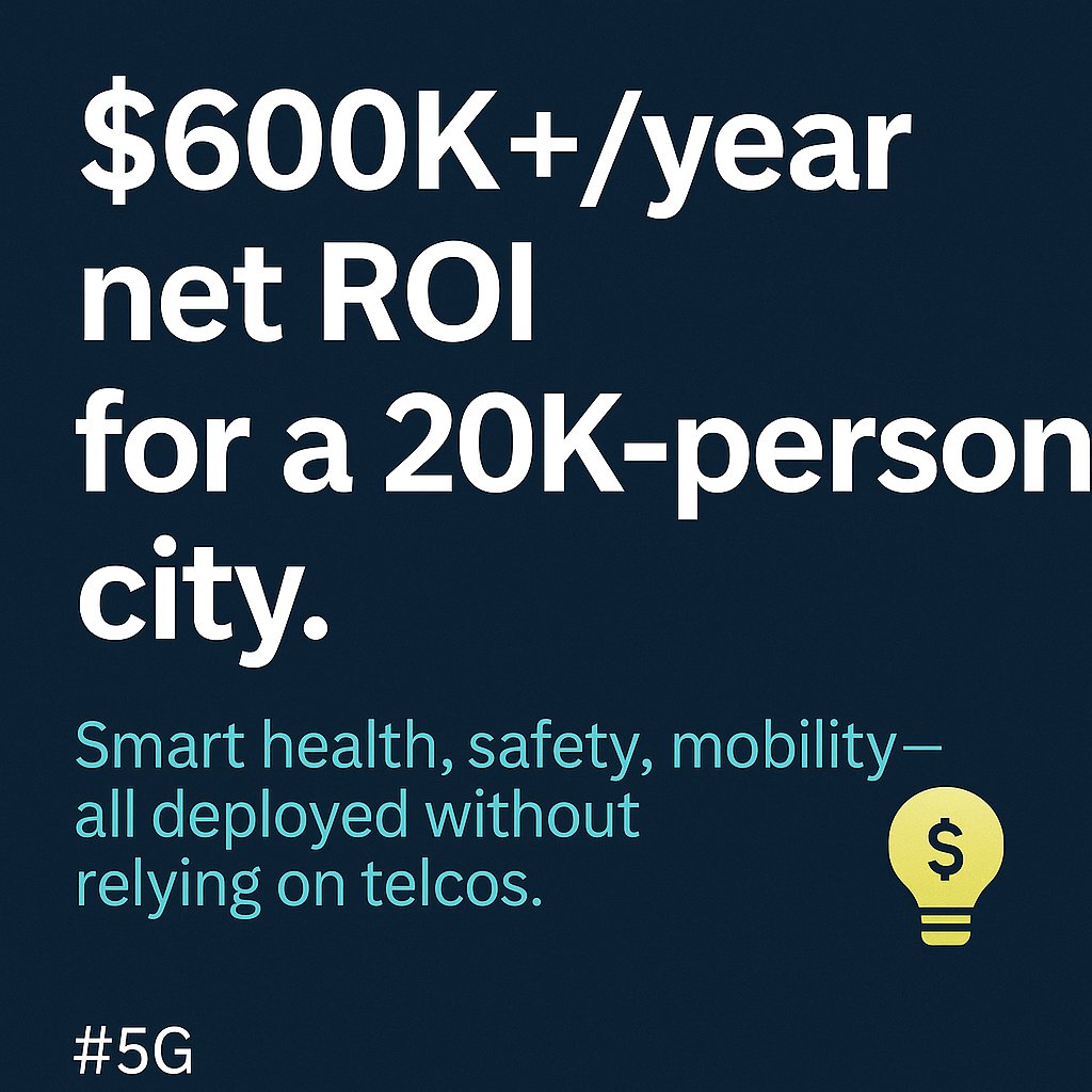 M5G_DAO's tweet photo. $600K+/year net ROI for a 20K-person city.
Smart health, safety, mobility—all deployed without relying on telcos. 💡
#5G#M5GDAO https://t.co/44mGrXly4s
