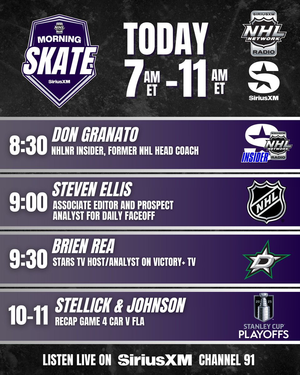 SiriusXM NHL Network Radio (@siriusxmnhl) on Twitter photo NHL Morning Skate is LIVE 7AM-11AM ET!
7-8 Tour Around The NHL with <a href="/LaughlinSXM/">Scott Laughlin</a> &
<a href="/tylermadarasz47/">Tyler Madaraszā¢</a>
8-10 <a href="/LaughlinSXM/">Scott Laughlin</a> & <a href="/GordStellick/">Gord Stellick</a>
10-11 <a href="/GordStellick/">Gord Stellick</a> & <a href="/mike_p_johnson/">Mike Johnson</a>
#StanleyCup
š§SiriusXM.ca/NHLLive/ NHL Morning Skate is LIVE 7AM-11AM ET!
7-8 Tour Around The NHL with <a href="/LaughlinSXM/">Scott Laughlin</a> &
<a href="/tylermadarasz47/">Tyler Madaraszā¢</a>
8-10 <a href="/LaughlinSXM/">Scott Laughlin</a> & <a href="/GordStellick/">Gord Stellick</a>
10-11 <a href="/GordStellick/">Gord Stellick</a> & <a href="/mike_p_johnson/">Mike Johnson</a>
#StanleyCup
š§SiriusXM.ca/NHLLive/