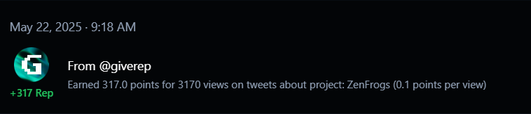 bigdaddydaks's tweet photo. Received 317 $REP reward from @GiveRep by supporting @zen_frogs https://t.co/GfxxlQhcyu