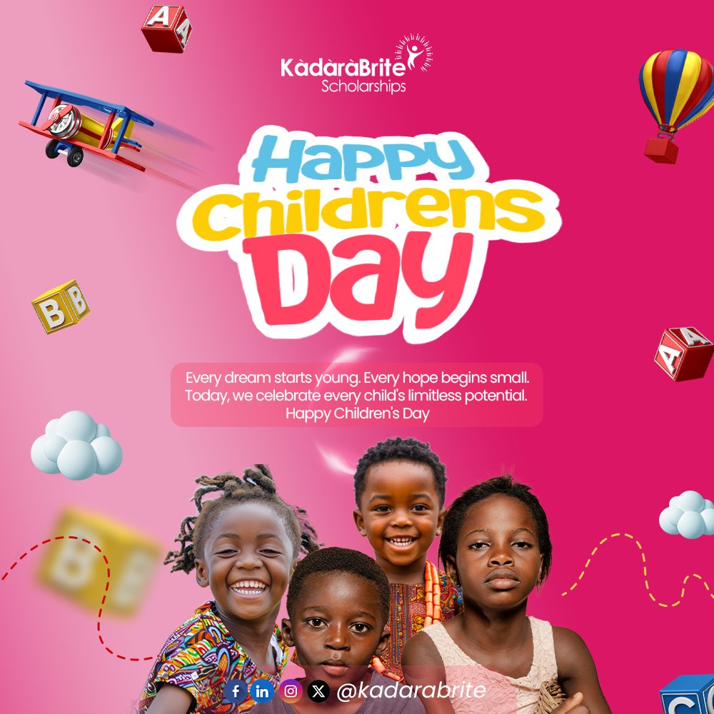 kadarabrite's tweet photo. Every child deserves to dream without limits and the chance to fly.
Today, we celebrate possibility, hope, and futures so bright they light up the world. 
Happy Children's Day from all of us at Kadarabrite! 
#childrensday #dreambig #brightfutures #Kadarabrite https://t.co/zbsffBdTy2
