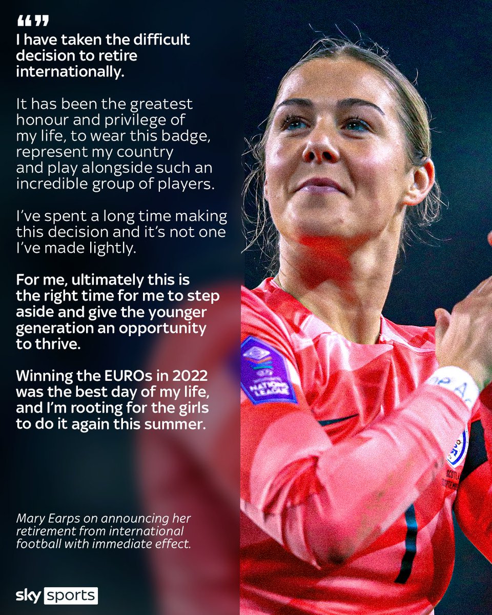 SkySportsWSL's tweet photo. Mary Earps' statement after announcing her retirement from international football with immediate effect 🏴󠁧󠁢󠁥󠁮󠁧󠁿

The goalkeeper made 53 senior appearances for the Lionesses and was crucial to their Euro 2022 victory, and runner-up performance at the 2023 Women's World Cup 👏 https://t.co/KXYmI1VXsO