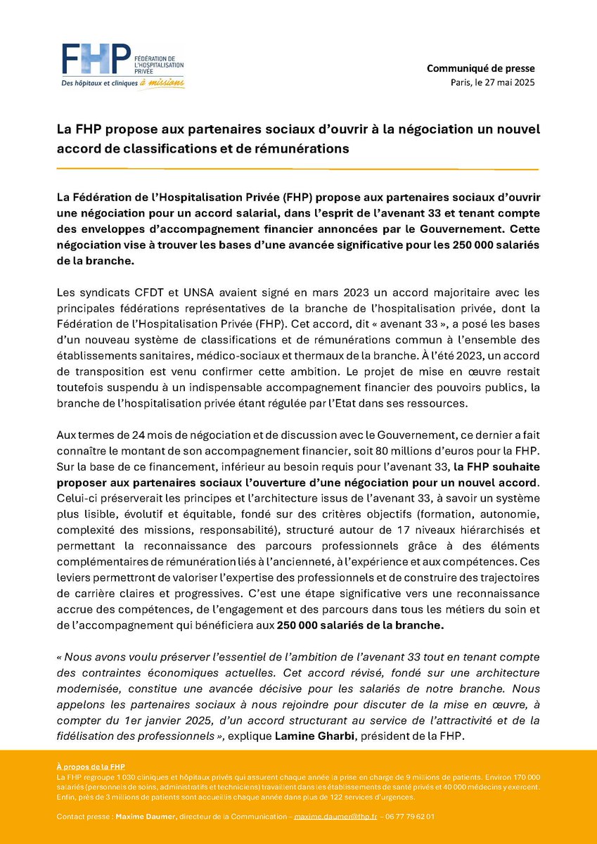📢 La FHP propose l’ouverture de négociations pour un nouvel accord salarial dans la branche, dans l’esprit de l’avenant 33.
Objectif : un système plus équitable, lisible et valorisant pour les 250 000 salariés.
📄 Le CP complet 👇
#FHP #DialogueSocial #Rémunération #Santé