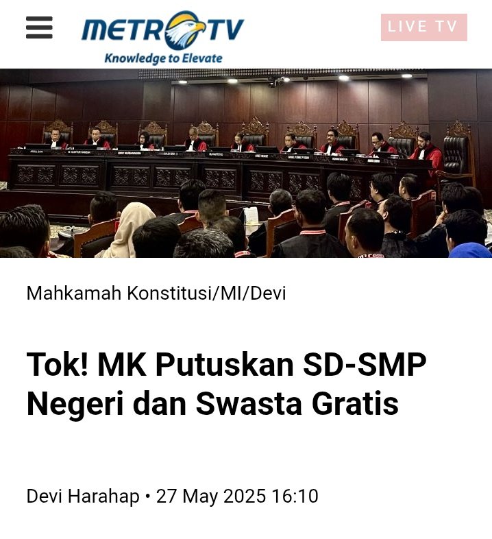 MANTO GUDONO SH (@kangmanto123) on Twitter photo Breaking News:
MK putuskan SD-SMP negeri dan swasta digratiskan.
Kalau ini benar, luar biasa sekali. Jauh lebih keren dan berdampak daripada sekadar program makan gratis..
<a href="/officialMKRI/">Mahkamah Konstitusi</a>
#PendidikanGratis #PutusanMK #SekolahUntukSemua Breaking News:
MK putuskan SD-SMP negeri dan swasta digratiskan.
Kalau ini benar, luar biasa sekali. Jauh lebih keren dan berdampak daripada sekadar program makan gratis..
<a href="/officialMKRI/">Mahkamah Konstitusi</a>
#PendidikanGratis #PutusanMK #SekolahUntukSemua