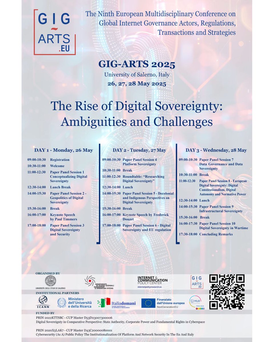 The 9th <a href="/GigArtsEU/">GigArtsEU</a> Conference began yesterday at the@UniSalerno, focusing on this year’s central theme:   
“The Rise of #DigitalSovereignty: Ambiguities and Challenges.”  

From 26 to 28 May, 10 panels, 2 keynote speeches and 1 roundtable, and a <a href="/EUErasmusPlus/">Erasmus+</a> BIP.