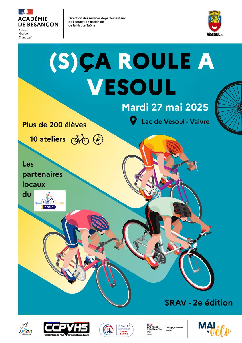 DSDEN70's tweet photo. [En direct 📷] Manifestation sportive départementale "(S)ça Roule À Vesoul" au lac de Vesoul-Vaivre, organisée par la @DSDEN70 en partenariat avec les collectivités et le monde associatif. Un temps fort autour du programme "savoir rouler à vélo" #SRAV. @acbesancon #MaiÀVélo https://t.co/vuUpm3XZM3