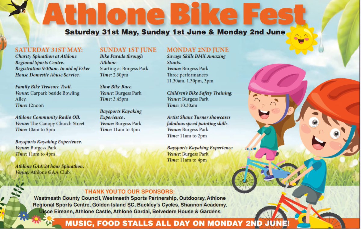 Get on your rothar this Bank Holiday weekend!🚲

From Saturday 31st May to Monday 2nd June, Athlone Bike Fest offers events and entertainment for all ages – from casual cyclists to serious bike lovers.

more information can be found on: facebook.com/profile.php?id…