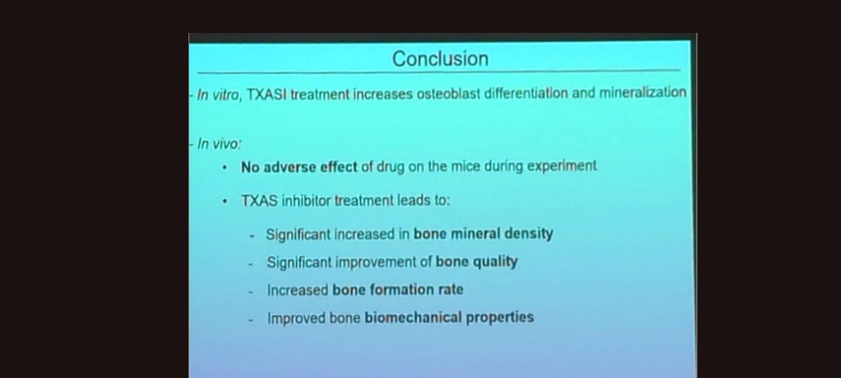 Mathilde DOYARD #ESHG2025

Starting with information that TBXAS1 disorders  ⬆️ bone density

💊Could it be a target to treat bone fragility disorders such as OI?

thromboxane synthase (TXAS) inhibitors
in 🐭 studies 
⬆️ bone formation
⬆️ biomechanical profiles

Patients next?