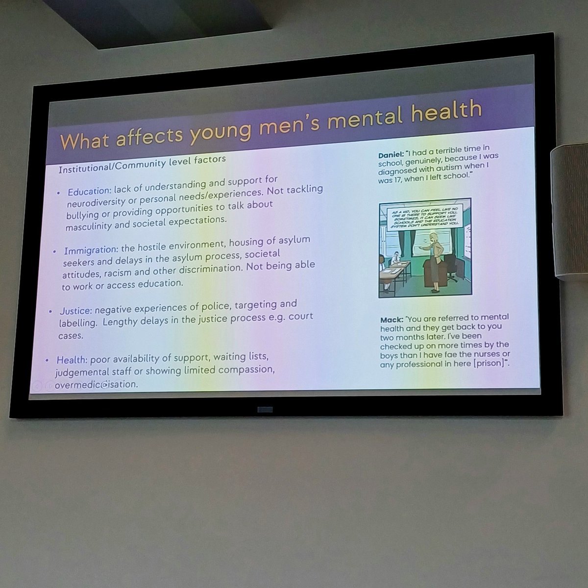 Hannah Graham (@drhannahgraham) on Twitter photo Hearing interesting, timely research findings and lived experiences of what affects young men's mental health in Scotland. Nuanced insights on masculinities and #mentalhealth, challenging assumptions.
The justice, health, and relational themes resonate.
<a href="/CYCJScotland/">CYCJ Scotland</a> <a href="/weeneens/">Nina Vaswani</a> Hearing interesting, timely research findings and lived experiences of what affects young men's mental health in Scotland. Nuanced insights on masculinities and #mentalhealth, challenging assumptions.
The justice, health, and relational themes resonate.
<a href="/CYCJScotland/">CYCJ Scotland</a> <a href="/weeneens/">Nina Vaswani</a>