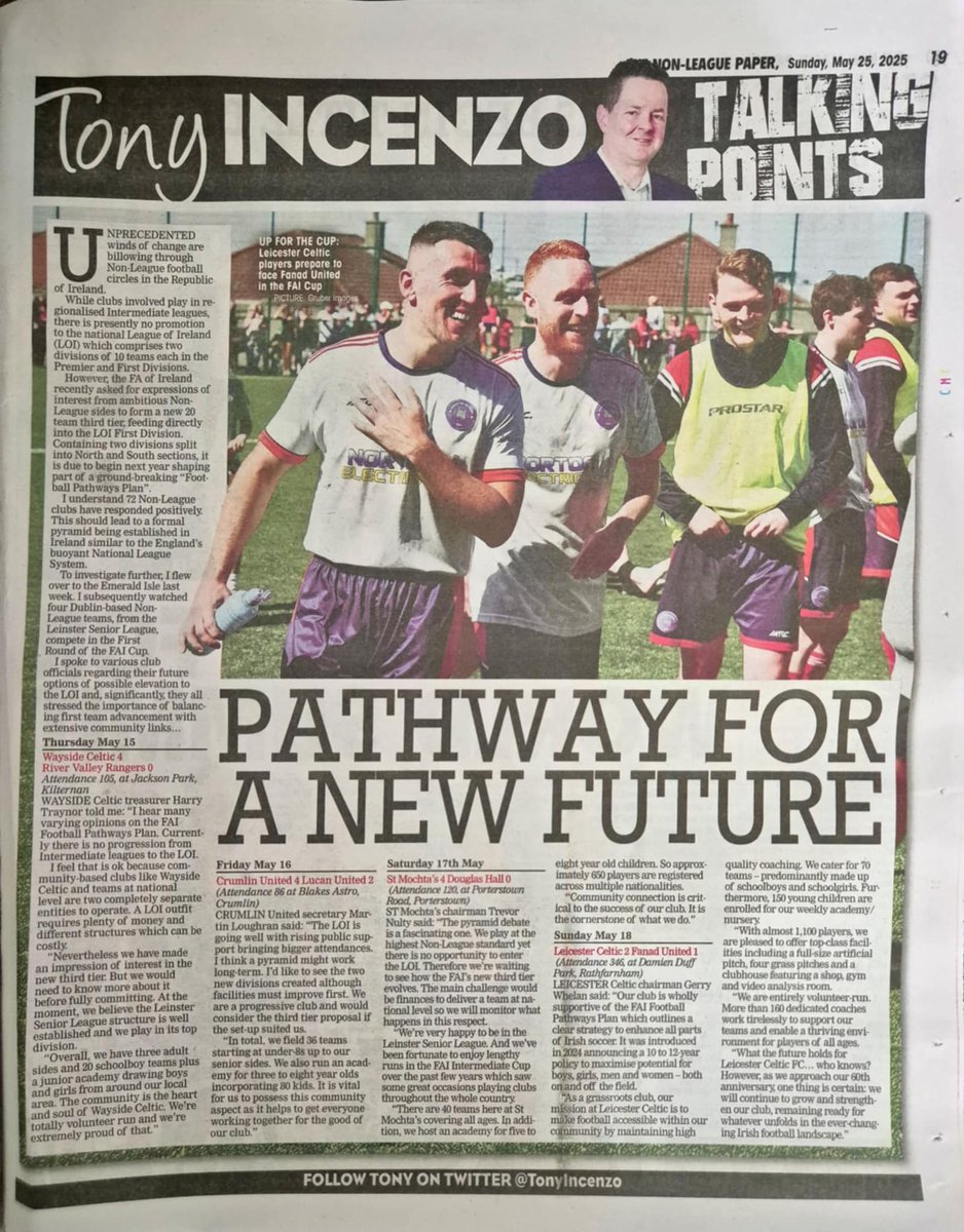 Tony Incenzo TV/Radio football reporter 🇮🇹 🇮🇪 (@tonyincenzo) on Twitter photo Here is my <a href="/NonLeaguePaper/">The Non-League Paper</a> where I outline plans for a Non-League Pyramid in Irish football & a new 3rd tier for the League of Ireland
Quotes from <a href="/waysideceltic/">Wayside Celtic</a> <a href="/crumlinunited/">Crumlin United</a> <a href="/stmochtasfc/">St. Mochta's FC</a> <a href="/trevnulty/">Trevor</a> <a href="/LeicesterFC67/">Leicester Celtic FC</a>
<a href="/LeagueofIreland/">League of Ireland</a> <a href="/FAIreland/">FAIreland</a> <a href="/GerMcDermott/">Ger McDermott</a> <a href="/IrelandFootball/">Ireland Football ⚽️🇮🇪</a> Here is my <a href="/NonLeaguePaper/">The Non-League Paper</a> where I outline plans for a Non-League Pyramid in Irish football & a new 3rd tier for the League of Ireland
Quotes from <a href="/waysideceltic/">Wayside Celtic</a> <a href="/crumlinunited/">Crumlin United</a> <a href="/stmochtasfc/">St. Mochta's FC</a> <a href="/trevnulty/">Trevor</a> <a href="/LeicesterFC67/">Leicester Celtic FC</a>
<a href="/LeagueofIreland/">League of Ireland</a> <a href="/FAIreland/">FAIreland</a> <a href="/GerMcDermott/">Ger McDermott</a> <a href="/IrelandFootball/">Ireland Football ⚽️🇮🇪</a>