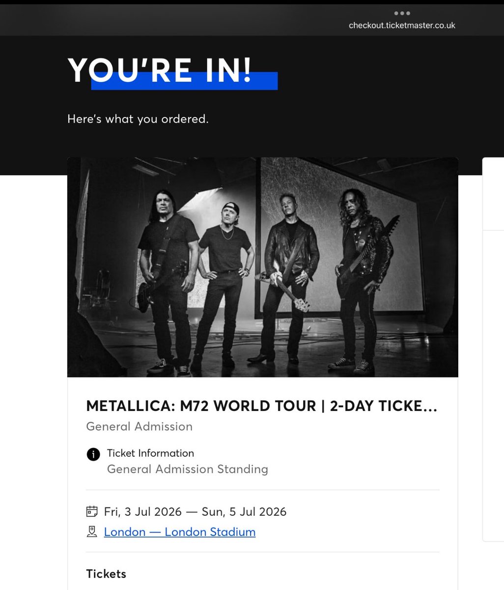 b3nj3boy's tweet photo. Today has been a good day. Roll on July 2026. Taking my two youngest to see @Metallica for their first time. 🤘🏻 https://t.co/JmE7Xtelal