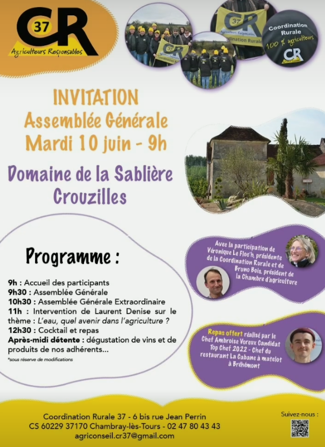 coordinationrur's tweet photo. 🟡 La #CR37 vous donne rendez-vous le 10 juin dès 9h pour son Assemblée Générale ! 🎊
Agriculteurs et agricultrices de l’#IndreEtLoire, venez rencontrer Véronique Le Floc’h, présidente de la #CoordinationRurale, et Bruno Bois, président de la Chambre d’Agriculture du département
🤩 Le programme détaillée ⬇️
#CoordinationRurale #AgricultureFrançaise #AgriculteursEnColère