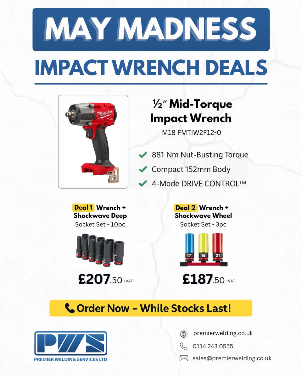 Premier Welding Services is offering a limited-time deal on the <a href="/MilwaukeeTool/">Milwaukee Tool</a> ½″ Mid-Torque Impact Wrench.

Two bundle options available!

Enquire today:
📞 0114 243 0555
📧 sales@premierwelding.co.uk

Browse our full Milwaukee Power Tool collection 👉 tiny.cc/a45l001