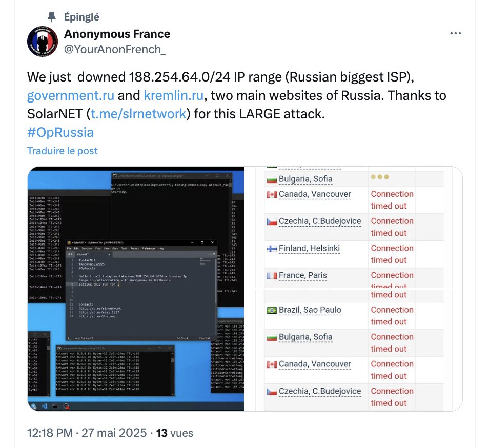 Colon_David's tweet photo. En cette Journée nationale de la Résistance, Anonymous France revendique la cyberattaque par déni de service (DDoS) qui a rendu inaccessible les sites internet du Kremlin et du gouvernement russe. https://t.co/sD35VKQXZO