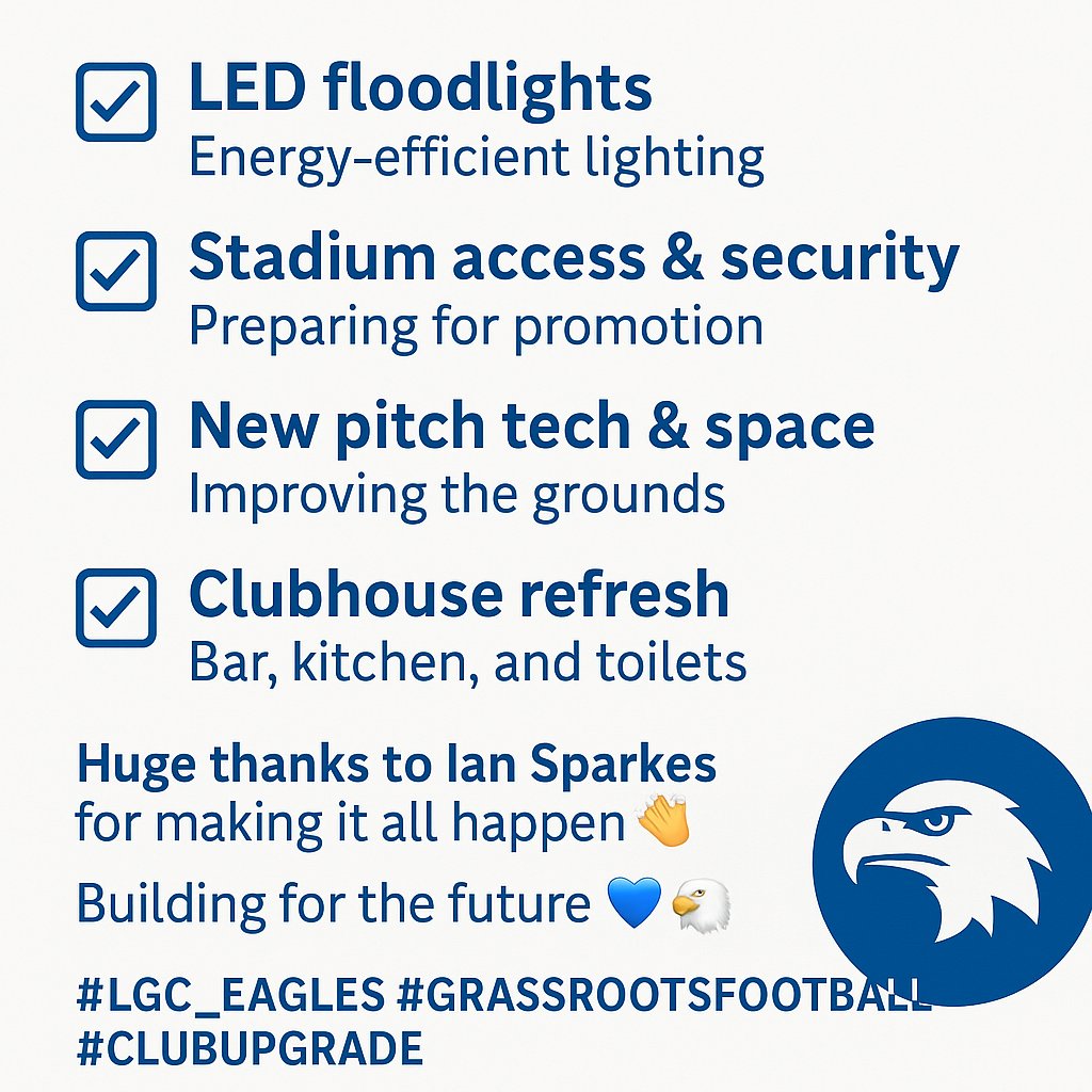 LGCEaglesFC's tweet photo. Exciting upgrades at LGC Eagles! โฝ
โ
LED floodlights
โ
Stadium access & security
โ
New pitch tech & space
โ
Clubhouse refresh
Huge thanks to Ian Sparkes for making it all happen ๐
Building for the future ๐๐ฆ
#LGC_Eagles #GrassrootsFootball #ClubUpgrade https://t.co/XGlobeqCj7