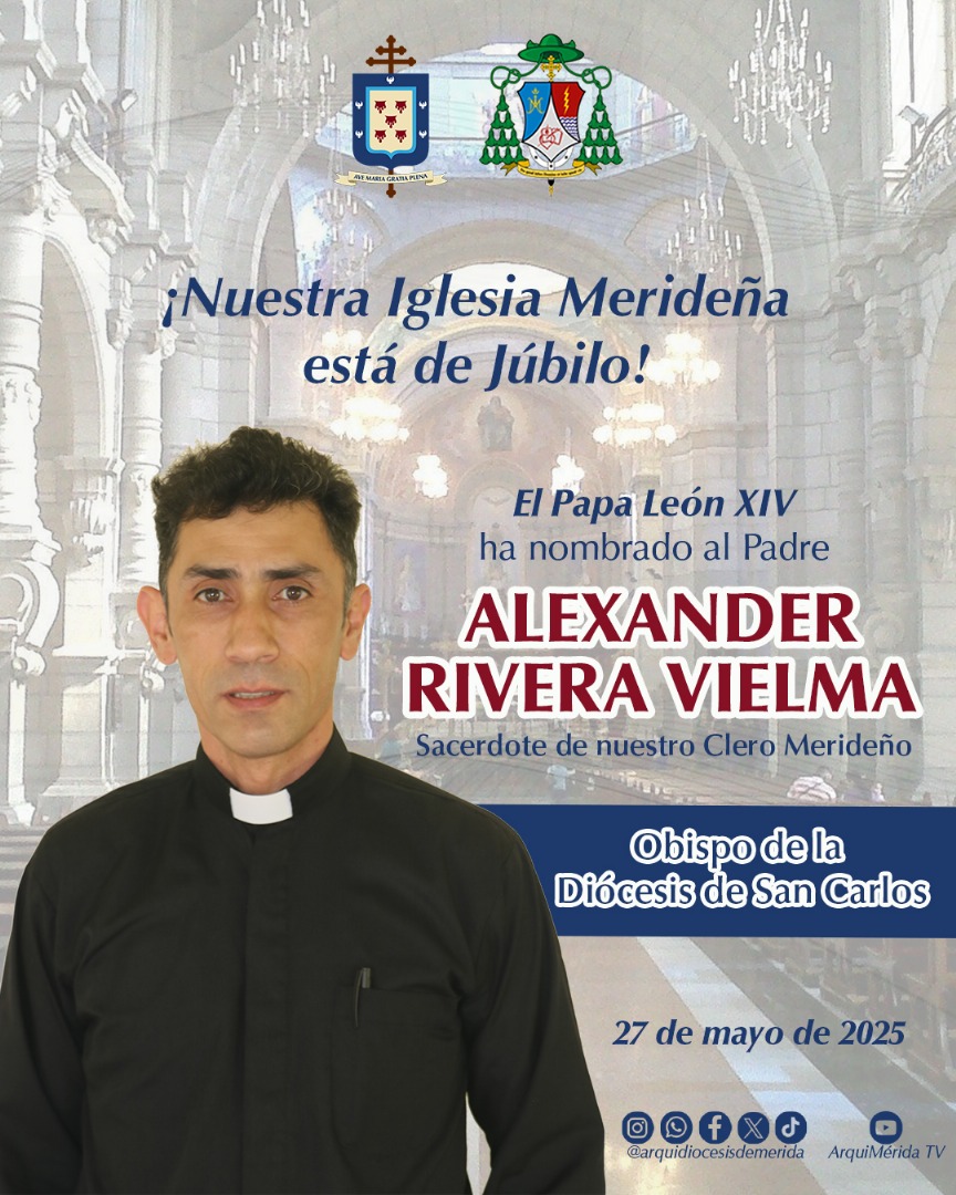 Nos llena de alegría anunciar que el Papa León XIV ha nombrado al Padre Alexander Rivera Vielma como nuevo obispo de la Diócesis de San Carlos.
Que María Inmaculada lo acompañe y el Espíritu Santo lo fortalezca en su servicio como pastor del Pueblo de Dios en tierras llaneras.