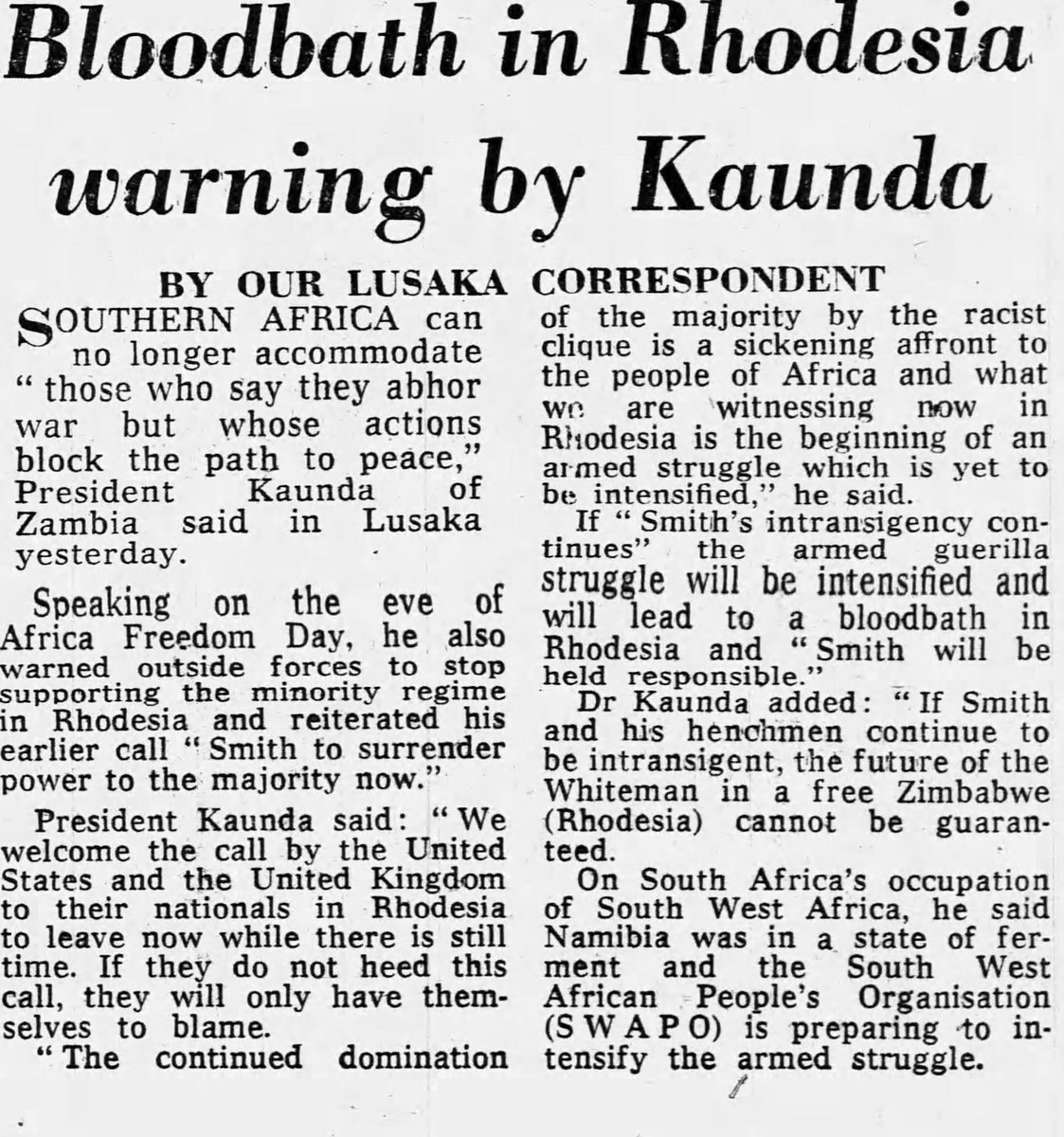 May 25, 1976: Bloodbath in Rhodesia Warning by Kaunda—Daily Telegraph.