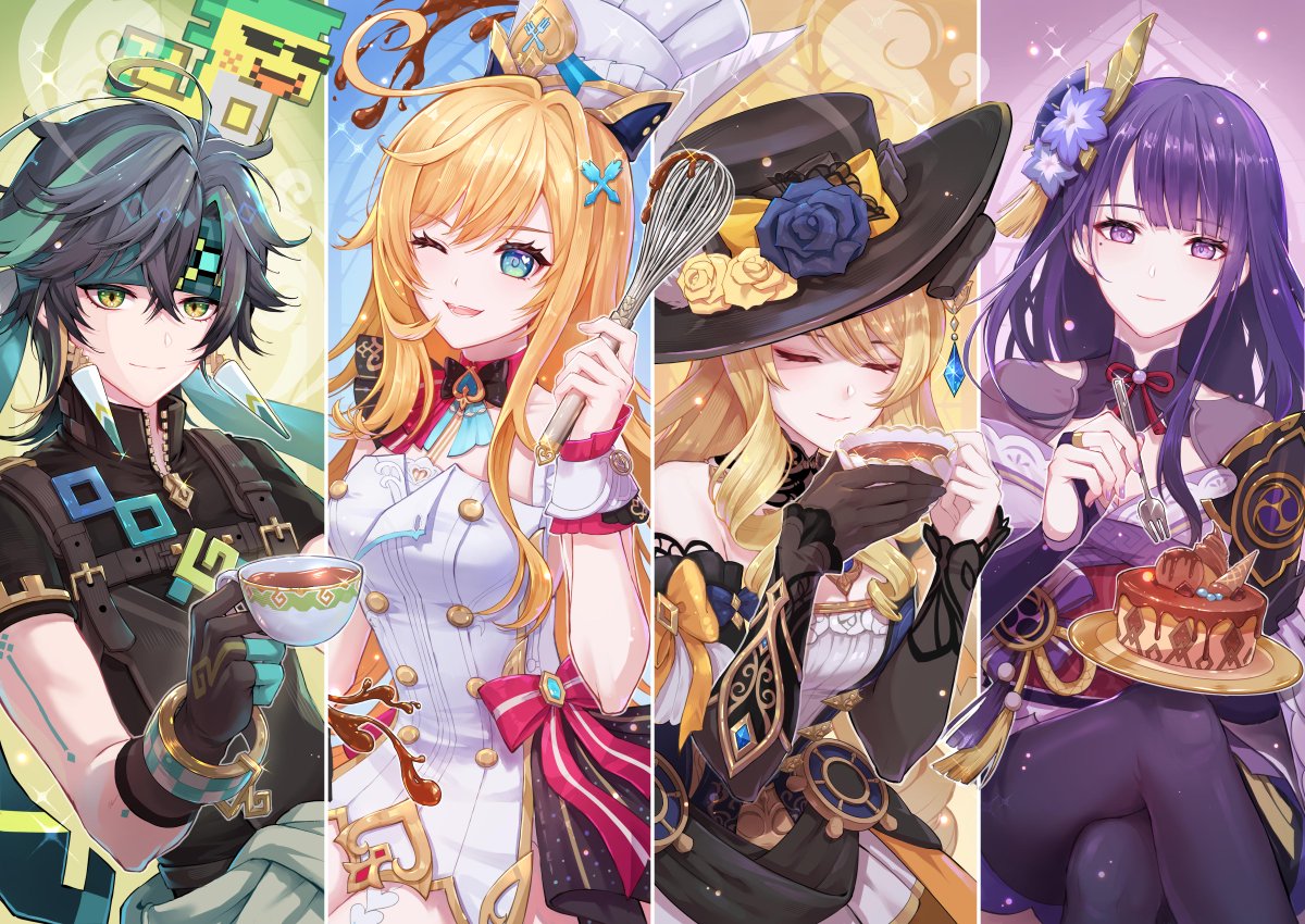Paimon2theMoon's tweet image. #Kinich #Escoffier #Navia #RaidenShogun
&quot;Tea time&apos;s here! A special dessert crafted by me, the Patissiere Supreme awaits — I hope you enjoy it!
Now, what shall we pair with it? A delicately sweet, aromatic tea? A rich, mind-clearing coffee? Or perhaps a refreshing glass of…