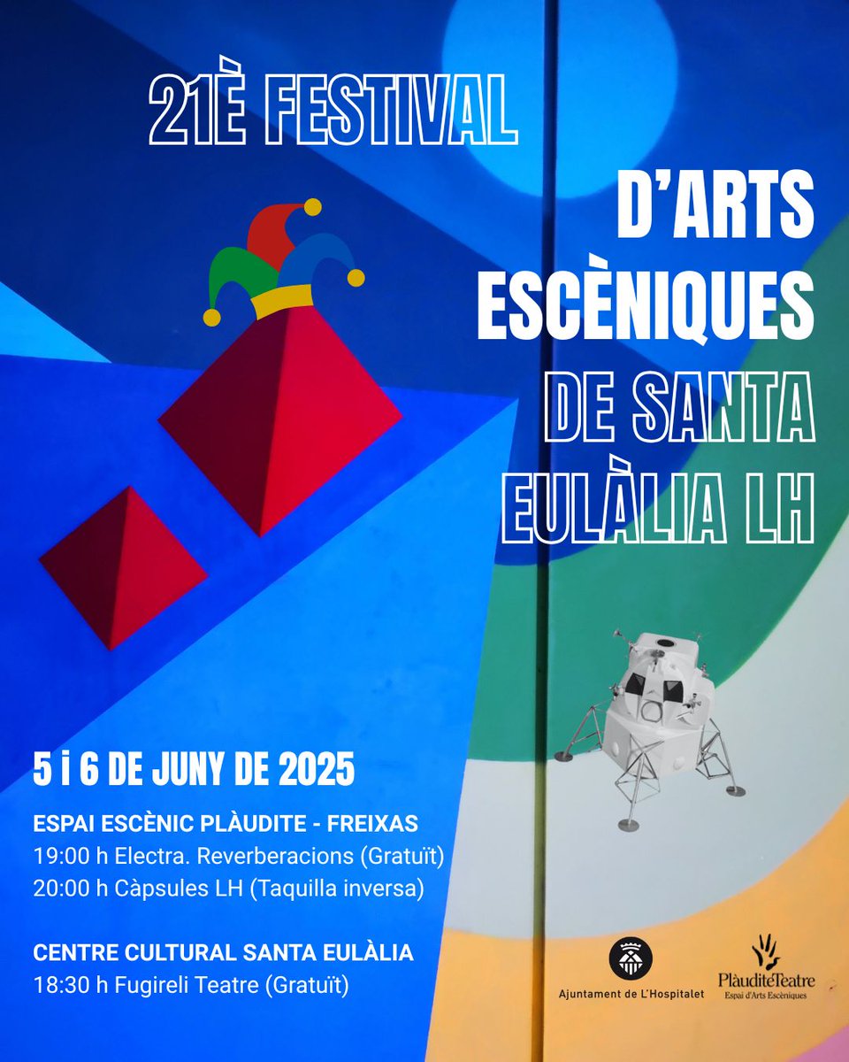 PlauditeTeatre's tweet photo. 📢 21è Festival d'Arts Escèniques de #SantaEulàliaLH
Gratuït
05/06
📍#Freixas
🌟 19h @Pla_Tea "Electra. Reverberacions"
🌟 20h #CàpsulesLH (Taquilla inversa)

06/06
📍Centre Cultural Santa Eulàlia
🌟 18:30h Fugireli Teatre
https://t.co/S88jj86Hsr

#FestSantaEulàliaLH #LHospitalet https://t.co/69ieP9GAuP
