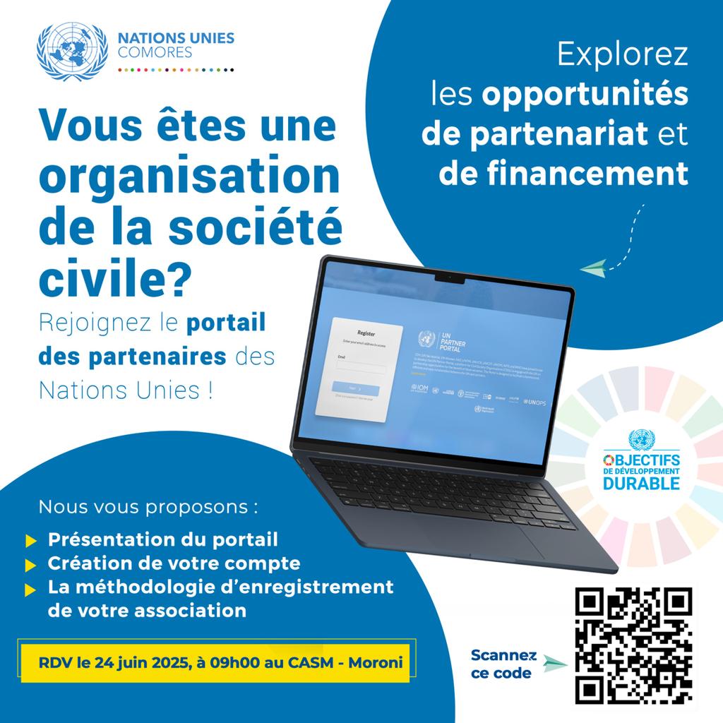 Vous êtes une organisation de la société civile aux Comores ? Rejoignez le Portail des Partenaires des Nations Unies ! Partenariats, financements, collaborations avec l'ONU vous attendent. Réunion d'info le 24 juin à 09h au CASM, Moroni. Inscrivez-vous 👇unpartnerportal.org