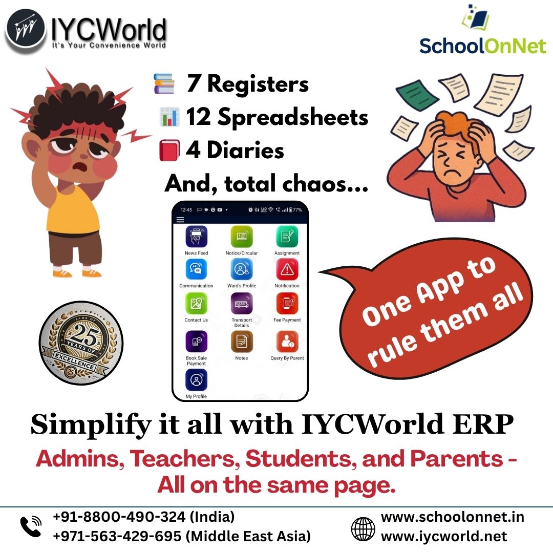 schoolonnet's tweet photo. Why juggle a dozen tools when one app can do it all?
😩 Admins overwhelmed. Teachers tangled. Parents lost.

👉 One App to Rule Them All.

#SmartSchooling #DigitalCampus #IYCWorldERP #OneAppOneSolution #SchoolOnNet #NoMoreChaos #EdTechMadeEasy #ERPForSchools https://t.co/0QvfMYitxx