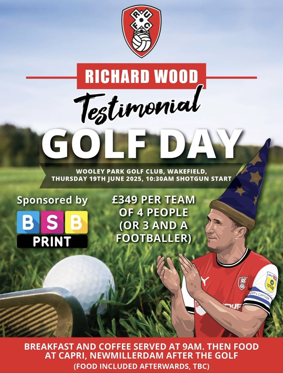 Richard Wood (@w00dy16) on Twitter photo Final part of my testimonial year.
Golf day at Woolley Park Golf Club then onto Capri at the Dam for food afterwards! A few former team mates playing too.
If you want to play email rwoodevents@yahoo.com Final part of my testimonial year.
Golf day at Woolley Park Golf Club then onto Capri at the Dam for food afterwards! A few former team mates playing too.
If you want to play email rwoodevents@yahoo.com