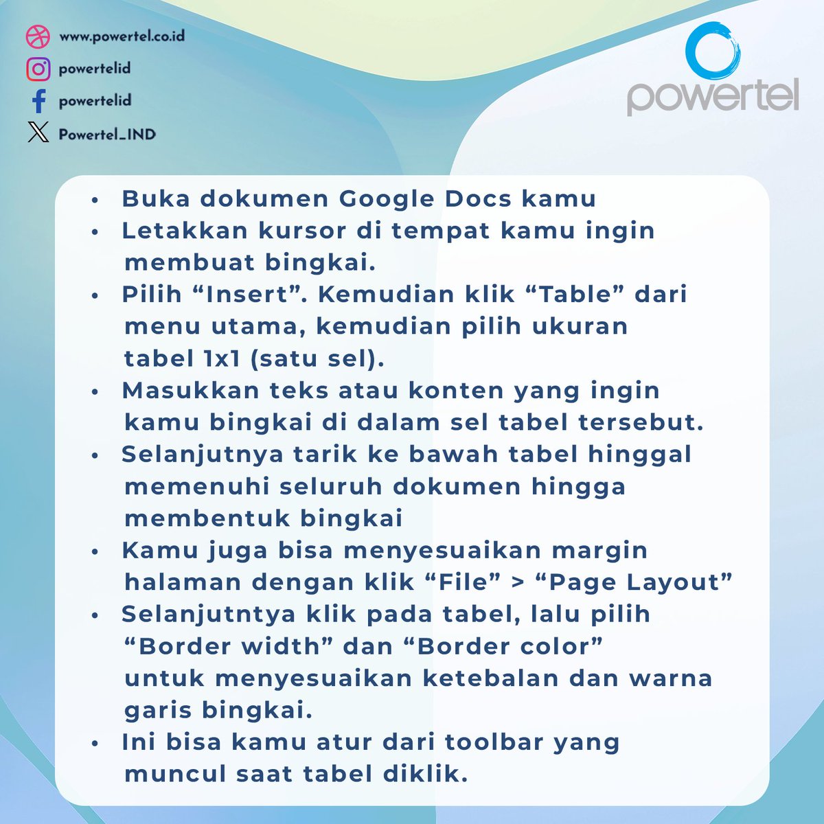 Powertel_IND's tweet image. Cara buat bingkai halaman di Google Docs dengan tabel
#GoogleDocs #TipsGoogleDocs #TutorialGoogleDocs #CaraPakaiGoogleDocs #BelajarGoogleDocs #DokumenRapi #BingkaiHalaman #BuatBingkaiSendiri #TipsProduktif #TabelGoogleDocs #EditDokumen #DesainDokumen #PowertelId