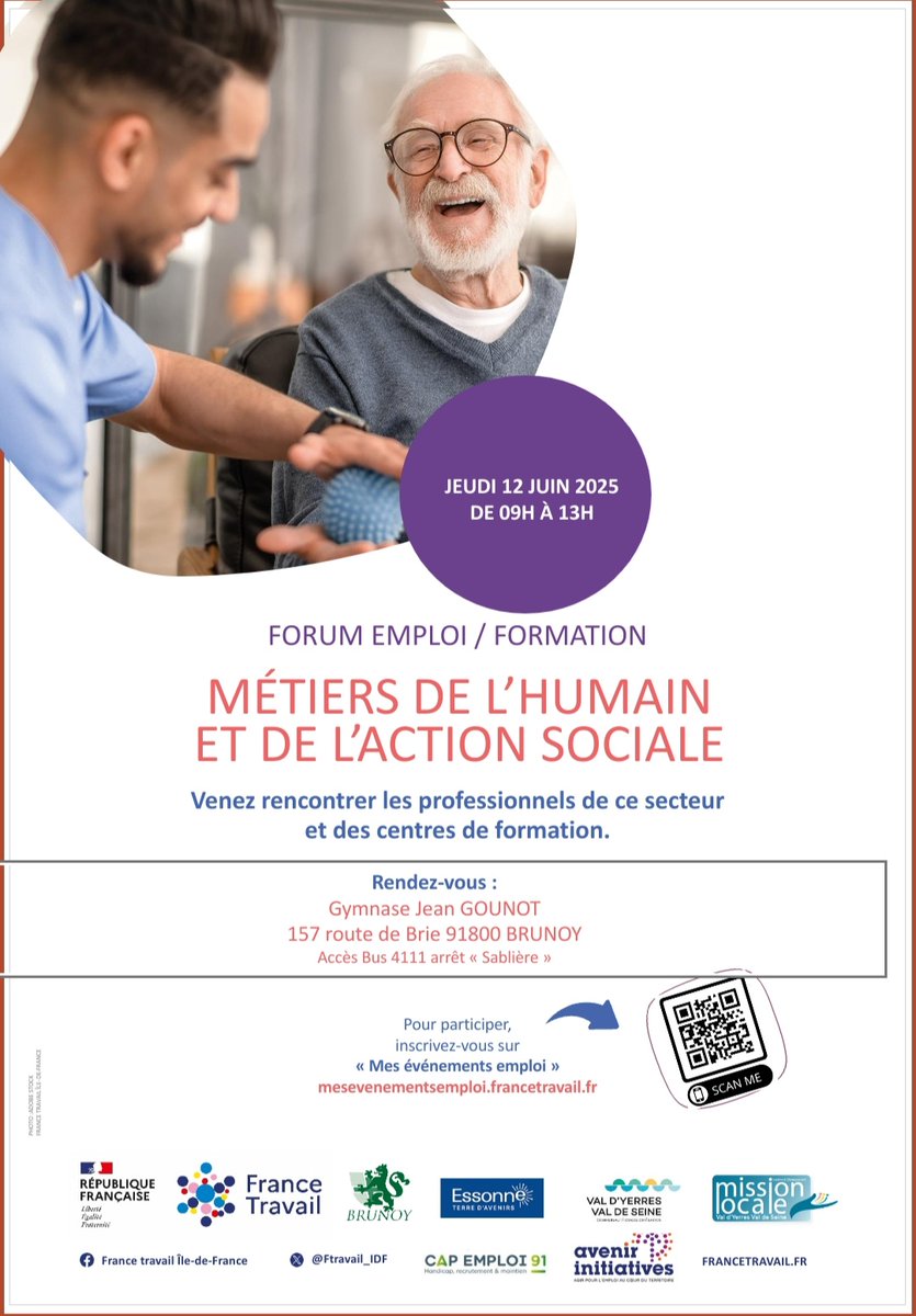 [ÉVÈNEMENT INTERCOMMUNAL #EMPLOI #FORMATION AXÉ MÉTIERS DE L'HUMAIN ET DE L'ACTION SOCIALE À BRUNOY] 
Nous vous attendons nombreux le 12 juin pour ce forum avec le service #emploi de la <a href="/cavyvs/">CA VYVS</a> organisé en collaboration avec France Travail de Yerres et les partenaires de l'emploi