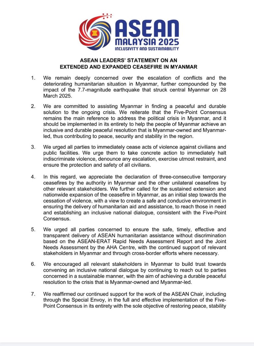 MYasean2025's tweet image. ASEAN LEADERS’ STATEMENT ON AN EXTENDED AND EXPANDED CEASEFIRE IN MYANMAR
