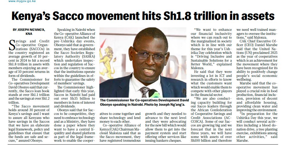Savings and Credit
Co-operative Organizations (SACCOs) in
the country registered an
average growth of 10 percent in 2024 to hit a record
Sh1.8 trillion in assets with
members enjoying an average of 10 percent returns in
form of dividends.